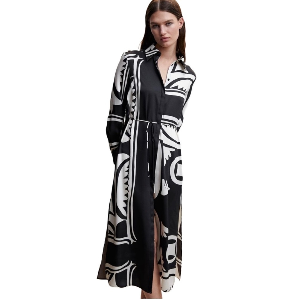 Mango Black and White Graphic Long Sleeve Dress